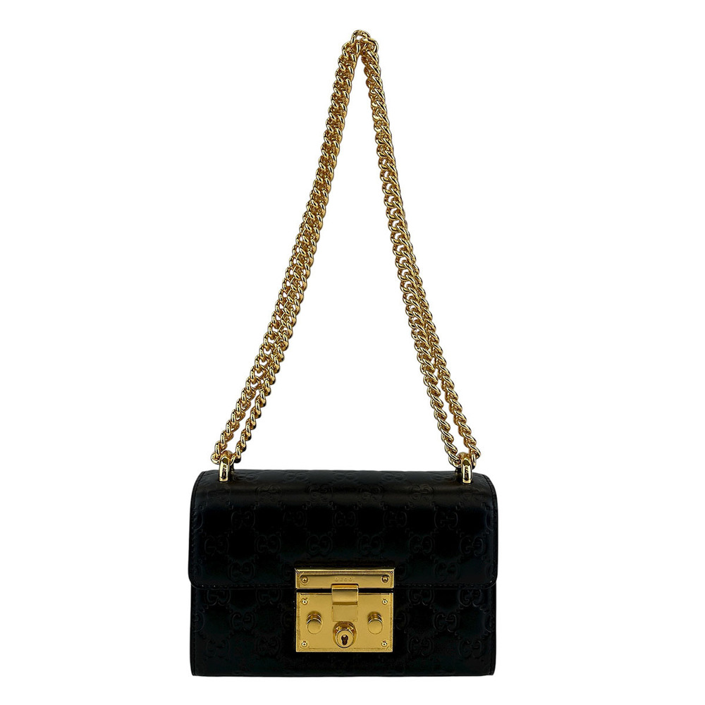 GUCCI Padlock GG Chain Shoulder Bag Leather Black